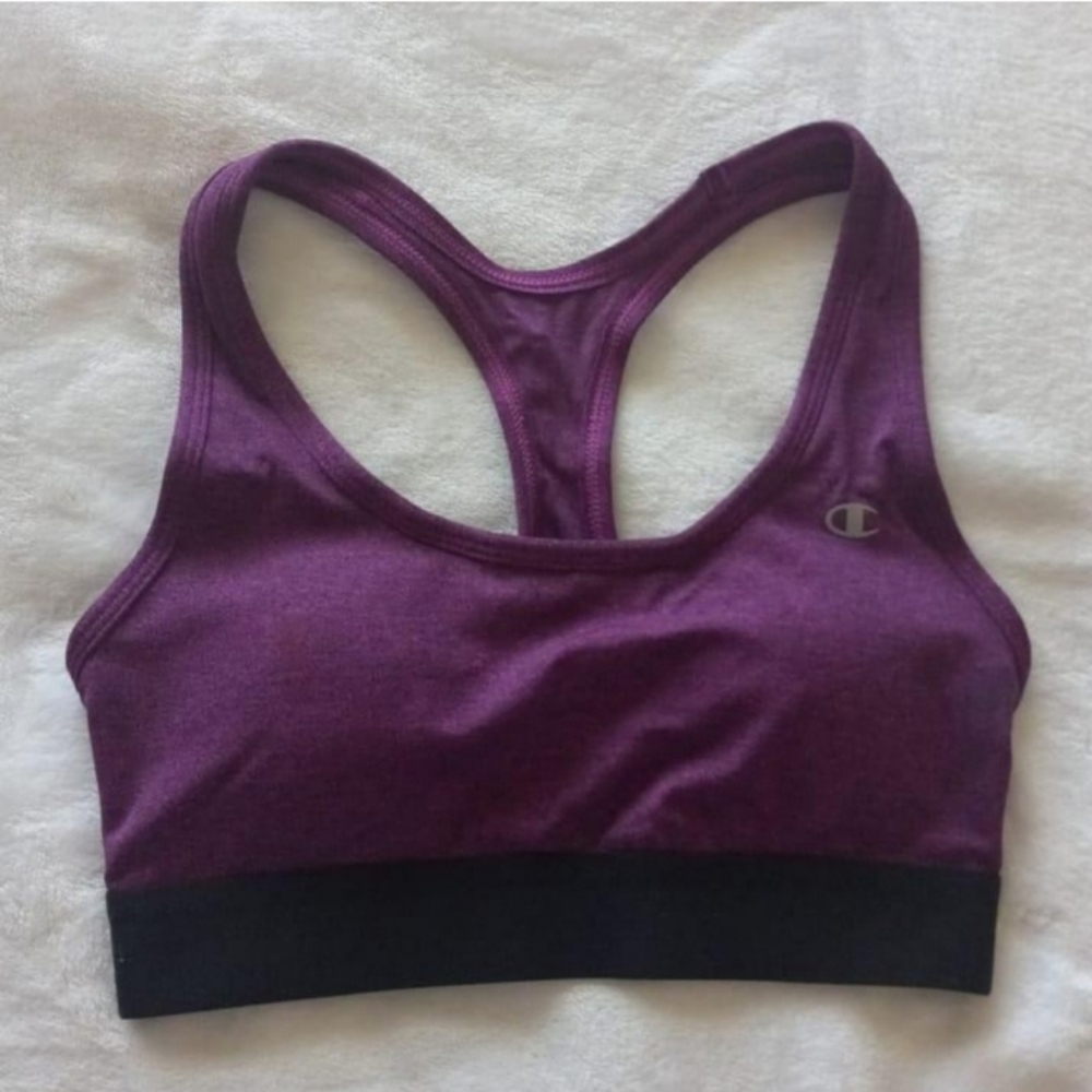 CHAMPION RACER BACK SPORTS BRA. PURPLE AND BLACK. WOMENS SIZE S.